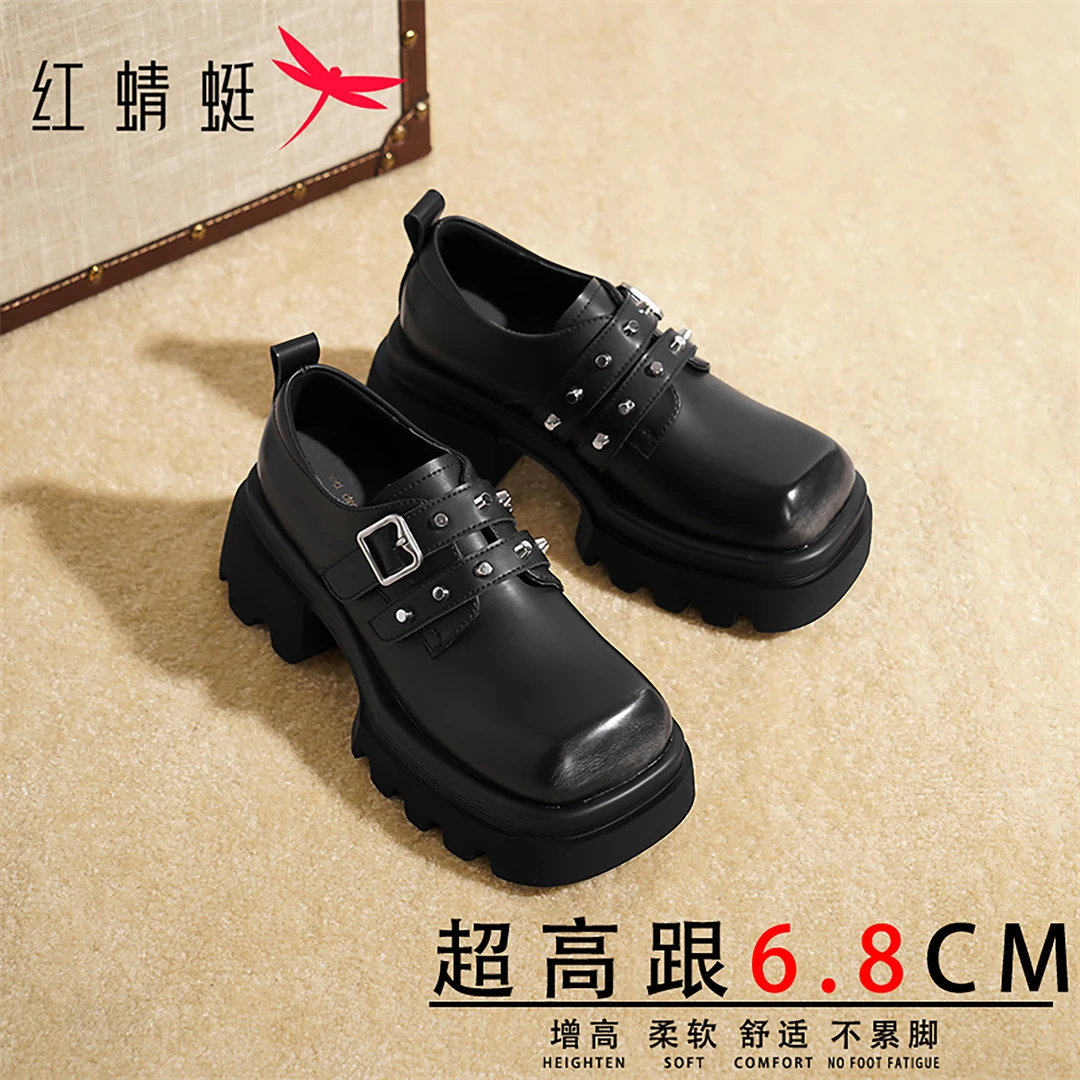 红蜻蜓时尚粗跟方头单鞋女士2025秋季新款法式时尚厚底增高乐福鞋