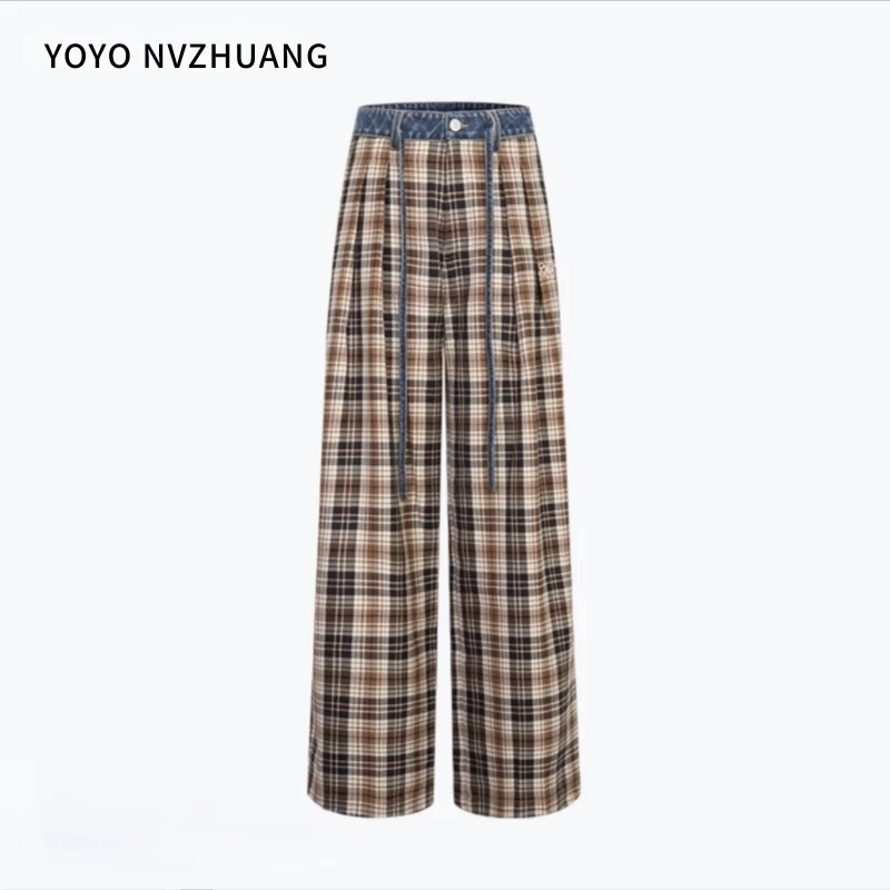 【商场同款】秋冬设计感拼接格纹厚款休闲裤复古经典时尚直筒裤