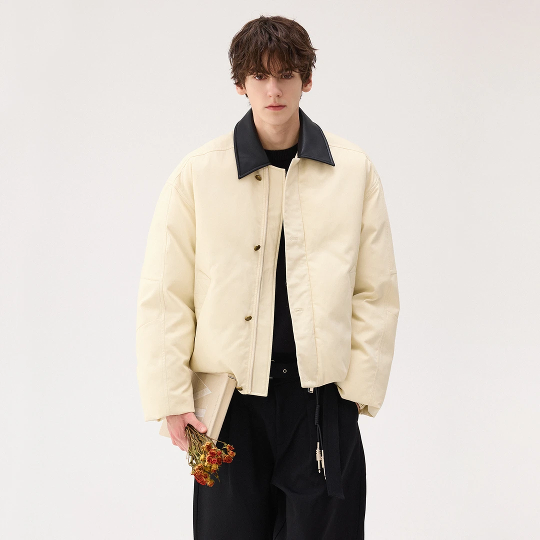 CHICERRO西西里男装高级感棉布拼接皮领棉服短款休闲百搭复古保暖