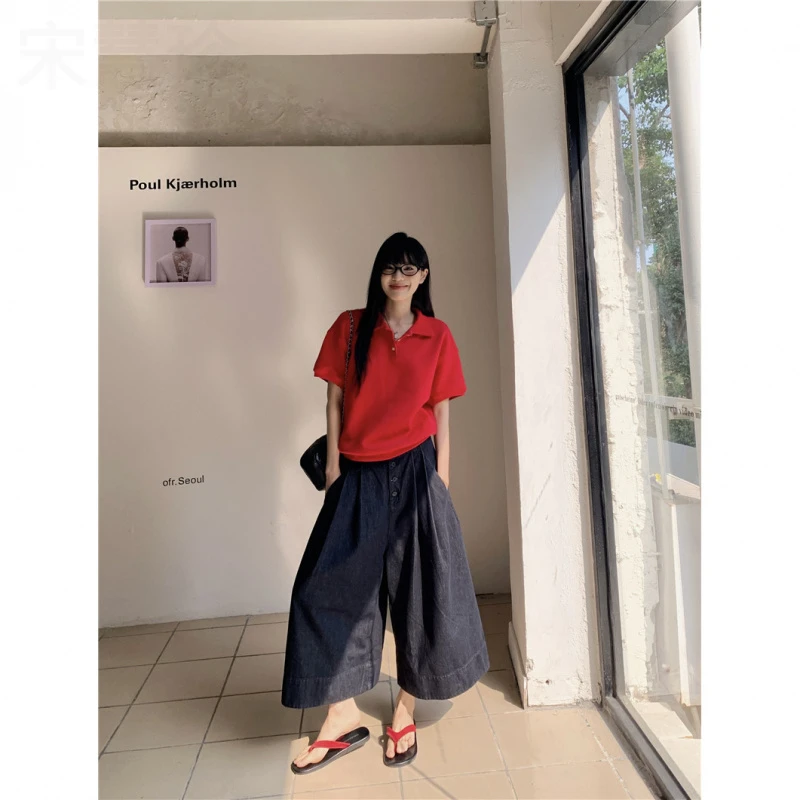 今年流行时尚套装简约POLO领短袖T恤女夏季复古阔腿牛仔裤两件套