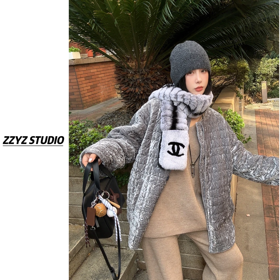 【ZZYZ】“月影少女”复古圆领拉链丝绒方格夹棉轻薄棉服棉衣短外套