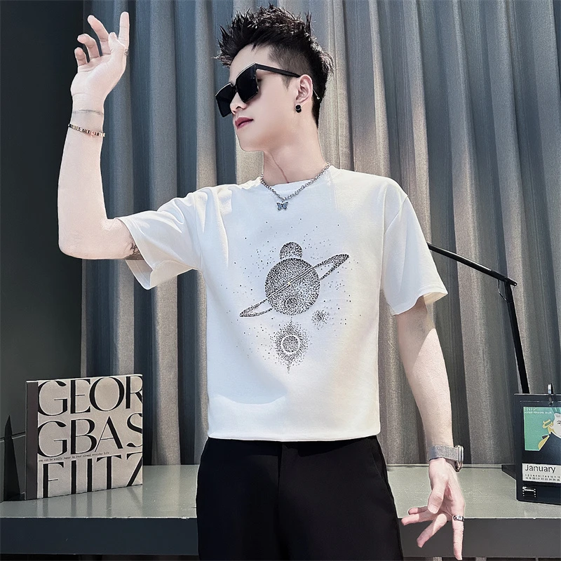 男士短袖t恤夏季2025新款高级感星空烫钻潮牌痞帅气圆领半袖体恤