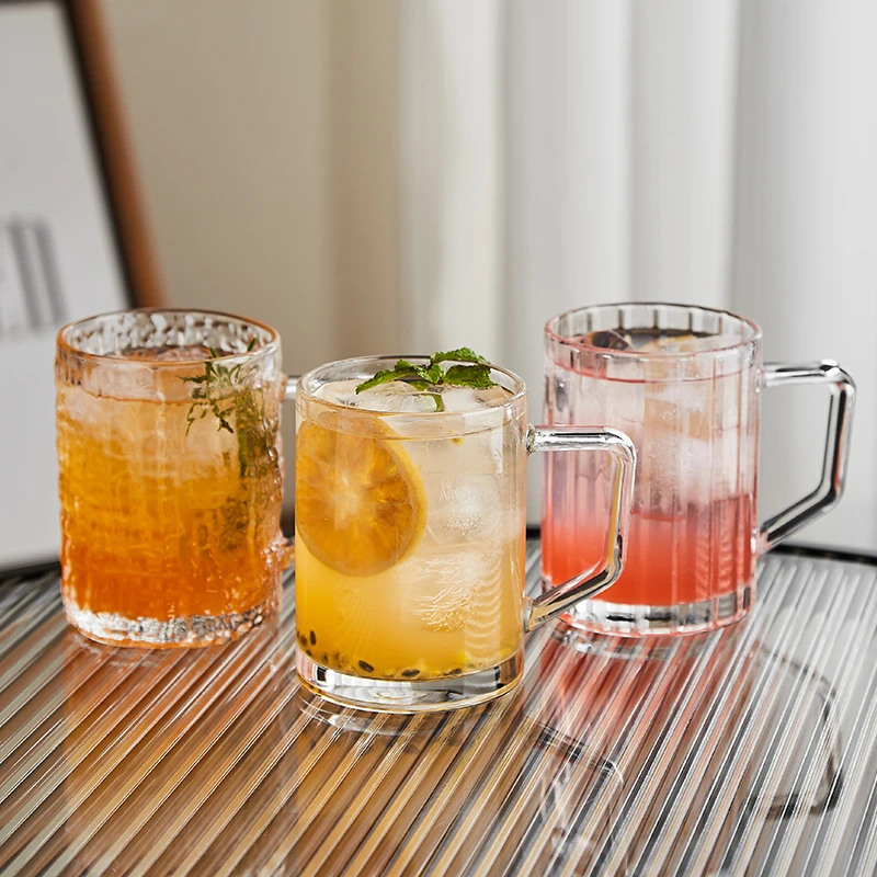 欧式浮雕牛奶咖啡杯刻花带把家用玻璃杯创意个性透明果汁冷饮杯