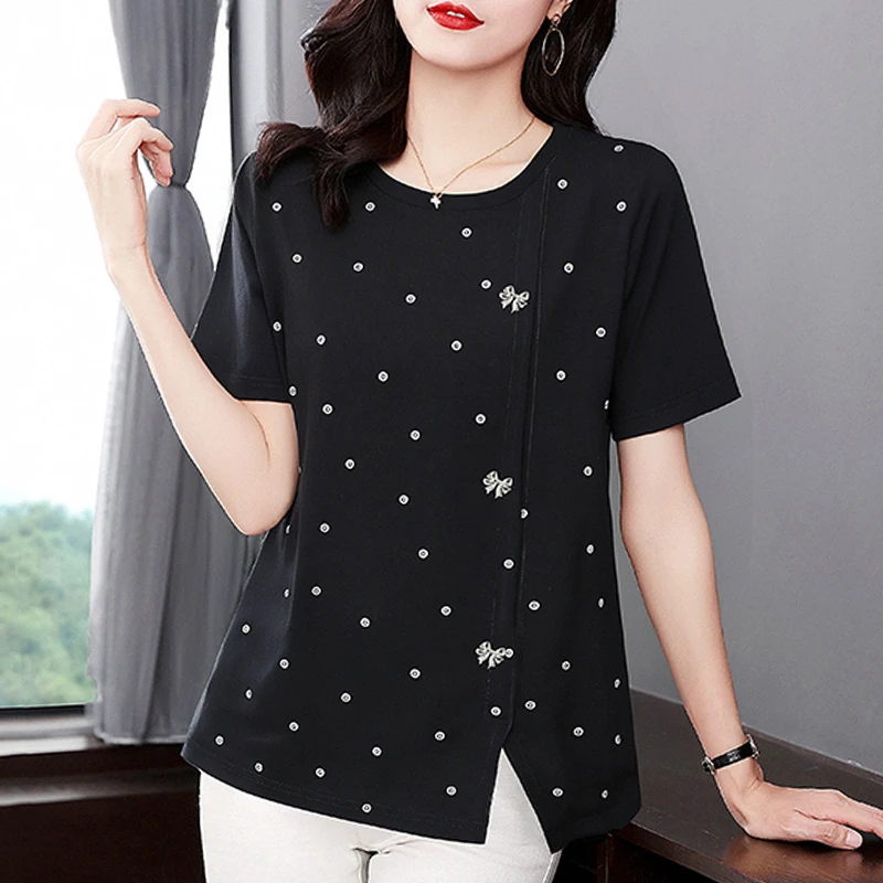 波点印花短袖t恤女夏季2025减龄大码女装新款下摆开叉设计感上衣
