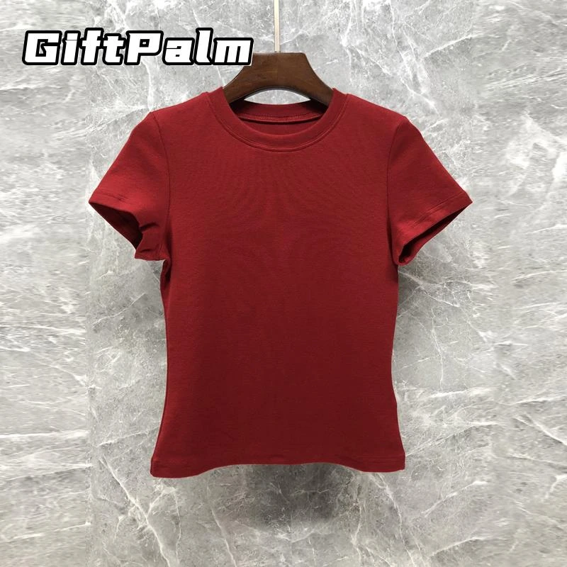 GiftPalm正肩高级感修身红色短款T恤女夏2025显瘦体恤短袖衫上衣