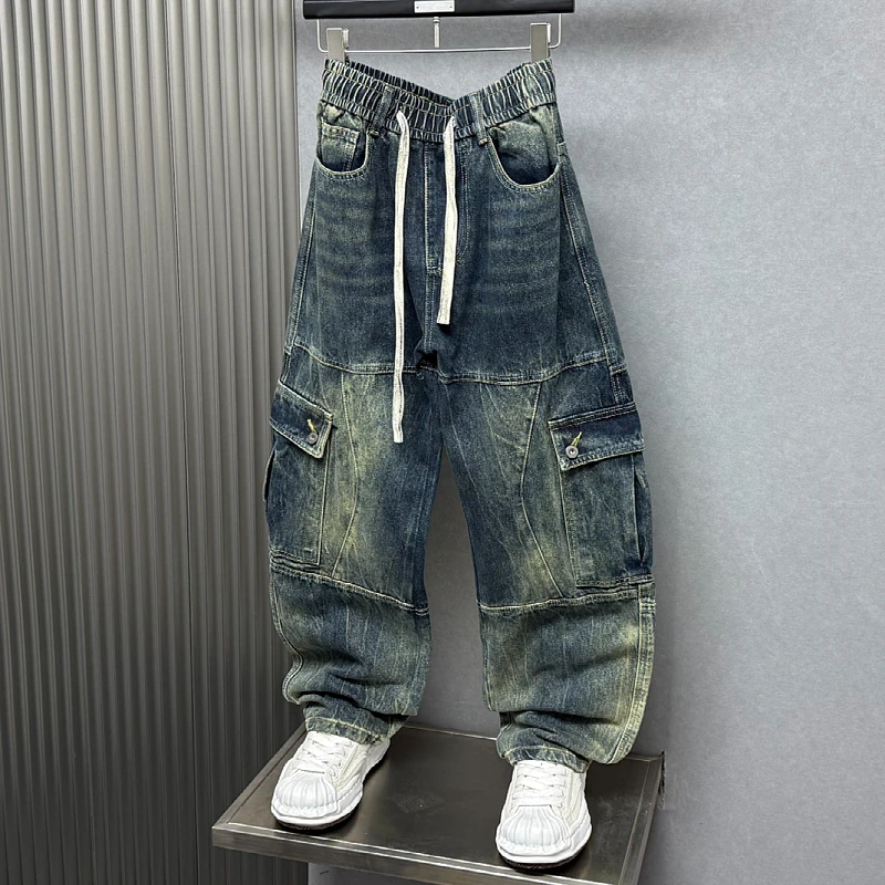 秋季美式复古水洗工装牛仔裤男士新款高街潮牌宽松直筒阔腿长裤子