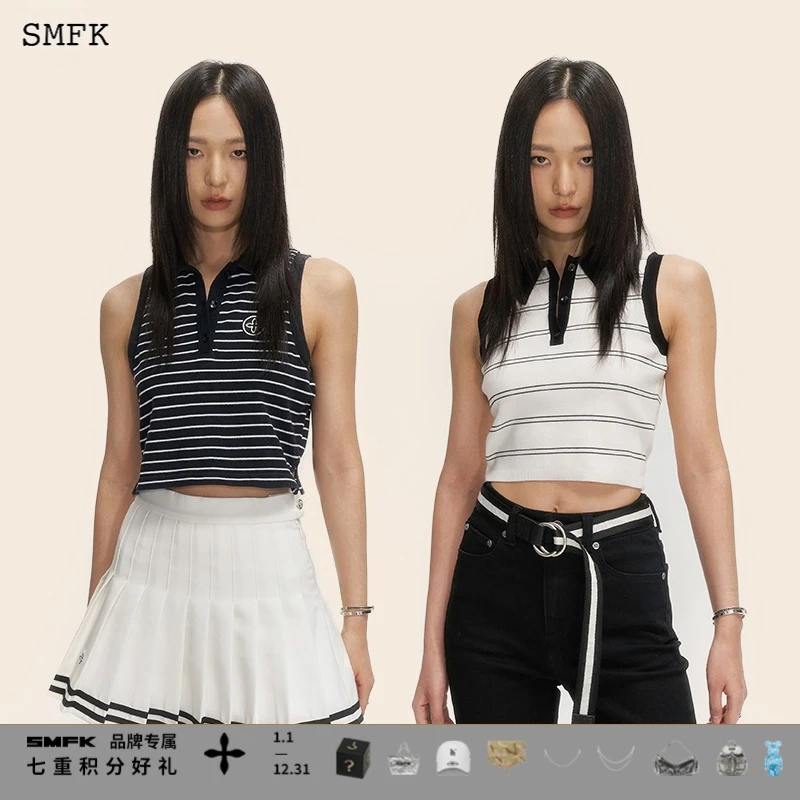 SMFK复古学院翻领背心黑条纹 UTK013BSP 无袖休闲百搭