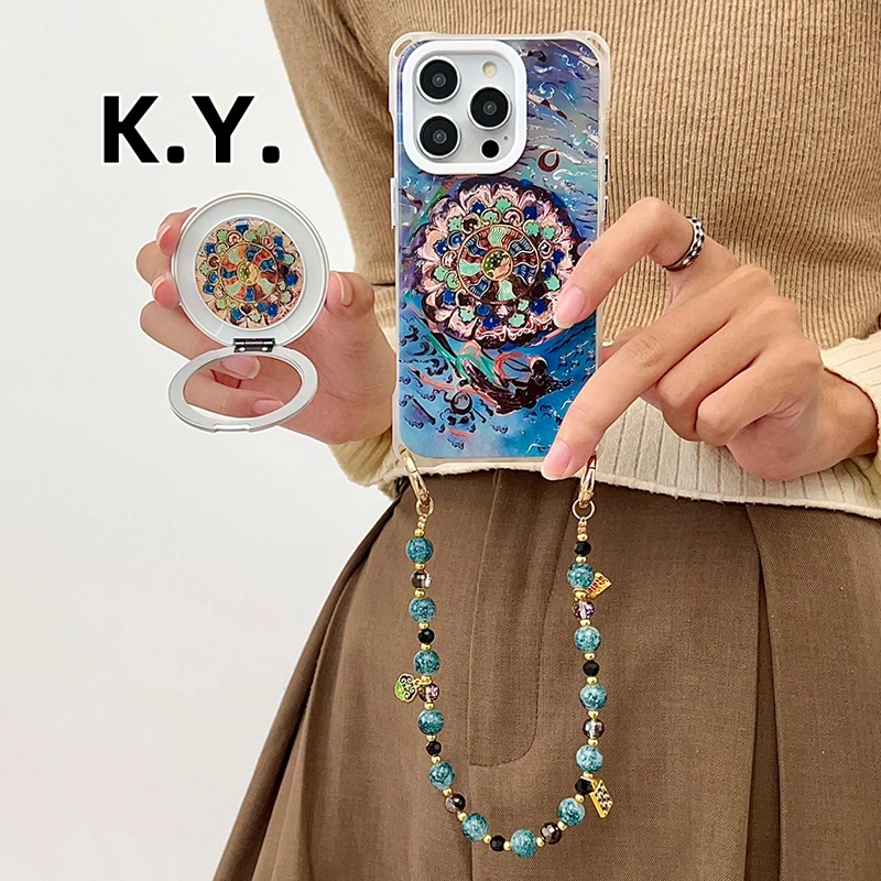 敦煌莲花旋转磁吸支架手机壳带挂绳适用于苹果华为小米手腕可斜跨
