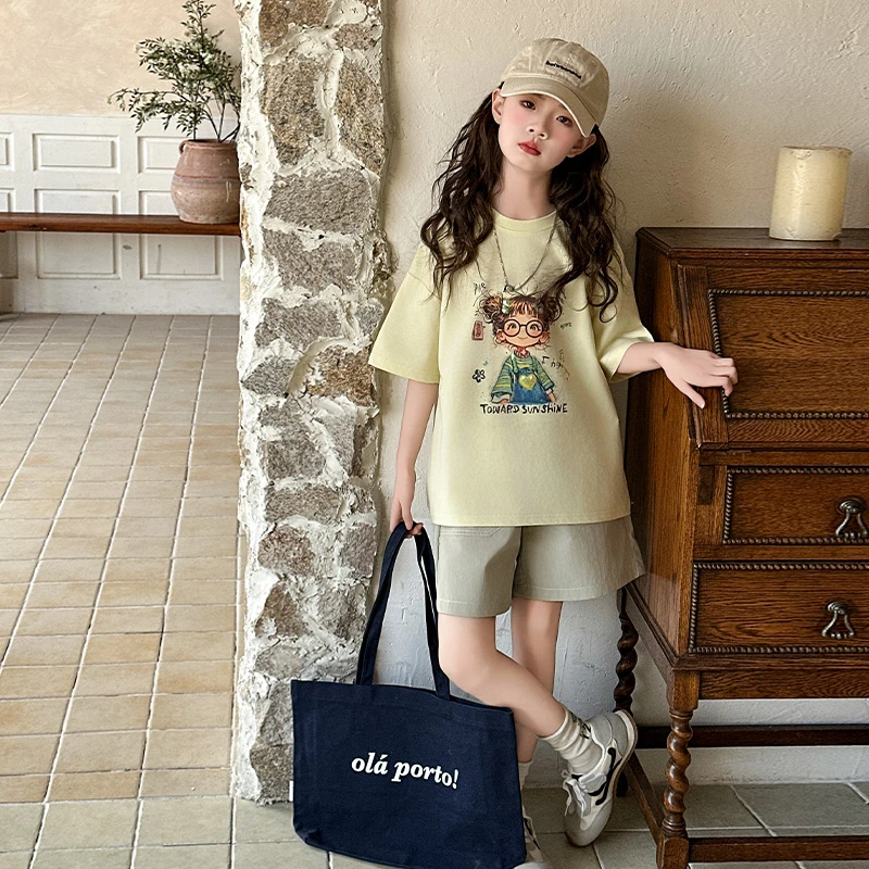 女童夏季套装2025新款中大童时尚洋气6-12岁儿童休闲短袖T恤薄款