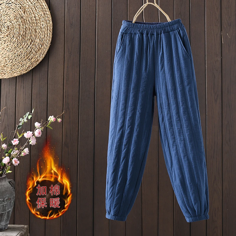 文艺复古保暖百搭显瘦直筒裤加厚棉裤夹棉双口袋蓝色松紧腰休闲裤