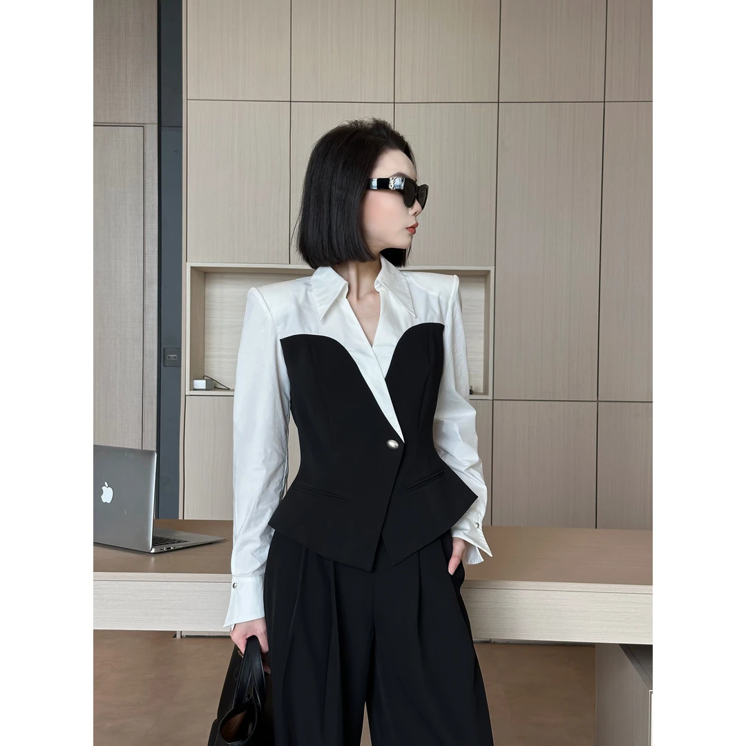 琦哥【英伦格律】原创设计衬衫高级显瘦拼接2025秋季新款上衣35232