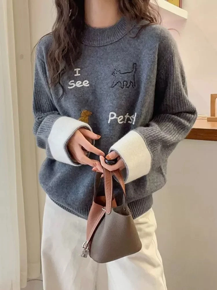 韩系设计感刺绣针织衫时尚休闲宽松套头毛衣拼色长袖上衣8680