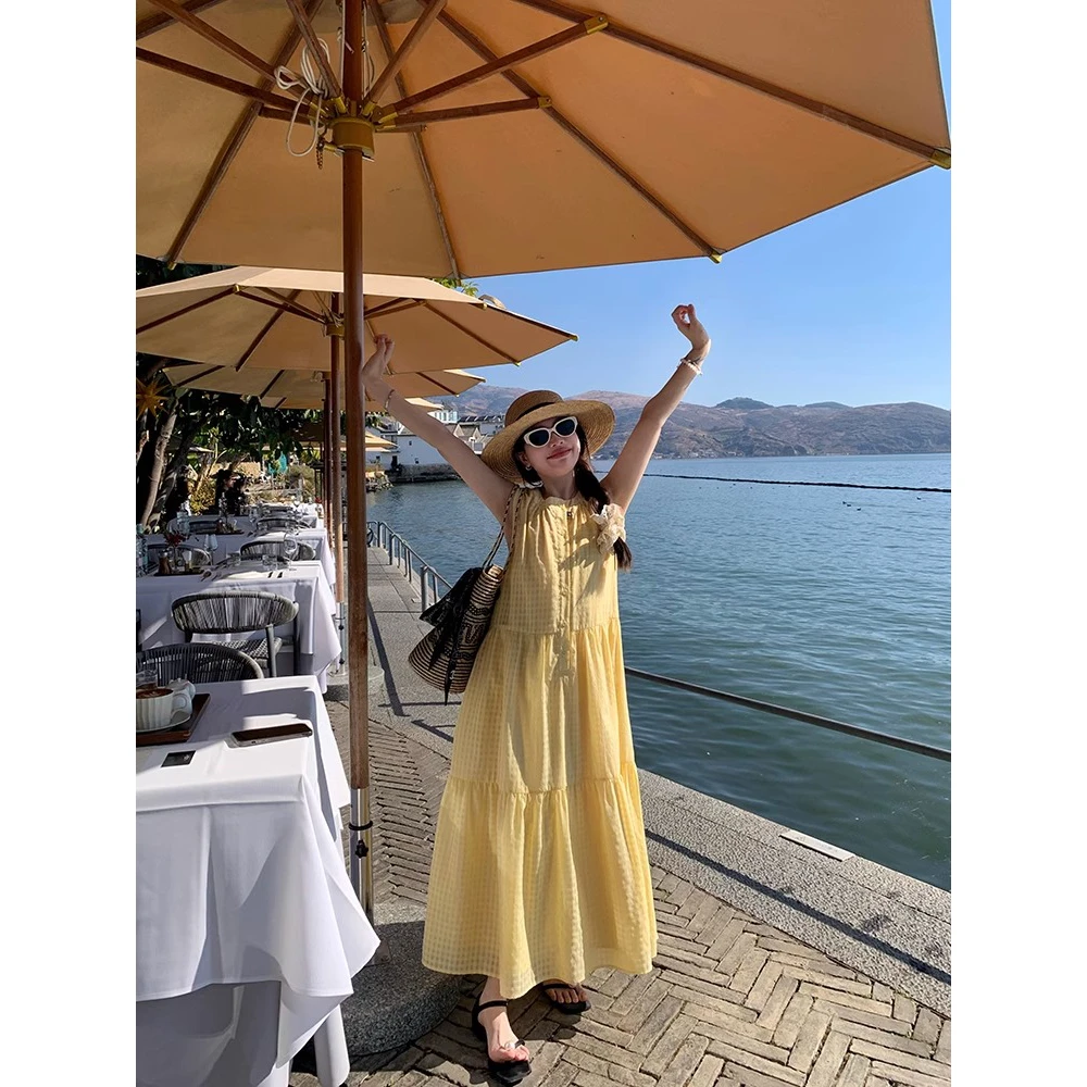 【碎金海岸】夏季中长款宽松度假风格子背心宽松休闲慵懒连衣裙女