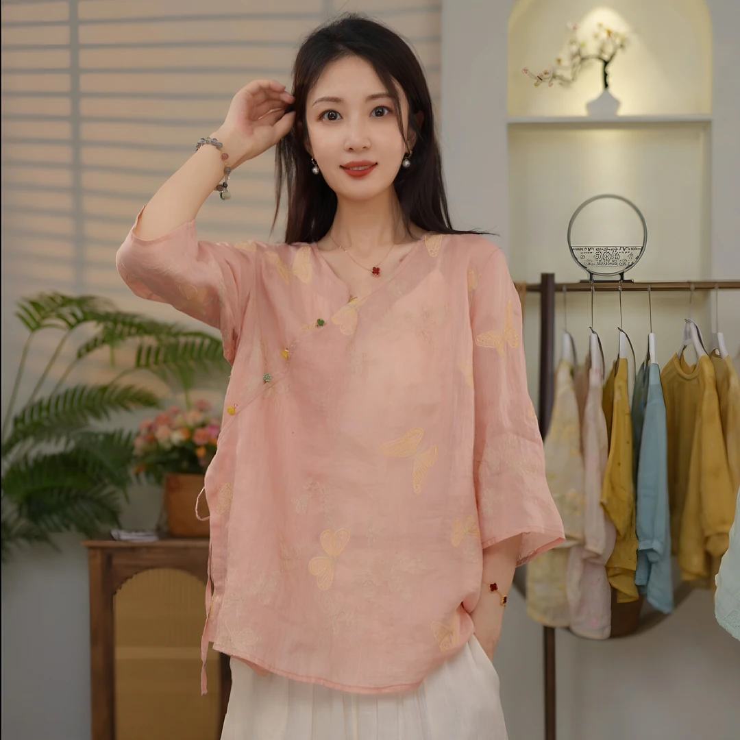 金色蝴蝶刺绣新中式小茶服苎麻上衣夏季新款女衬衫复古小衫