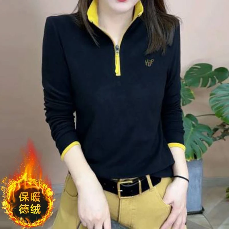 拉链冬季双面绒新品打底百搭修身显瘦加厚时尚休闲保暖女士上衣
