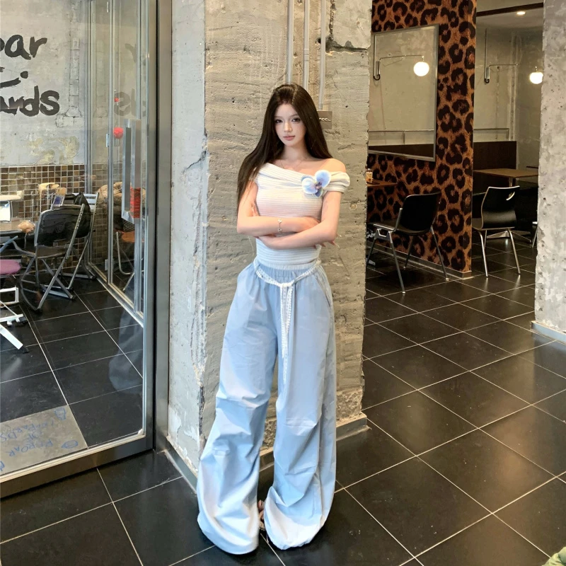韩版休闲套装女夏季2025新款短款一字领上衣高腰显瘦阔腿裤两件套