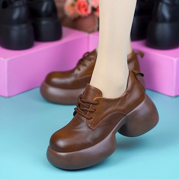 9898（低帮+高帮）真皮单鞋头层牛皮圆头厚底小个子增高百搭女鞋