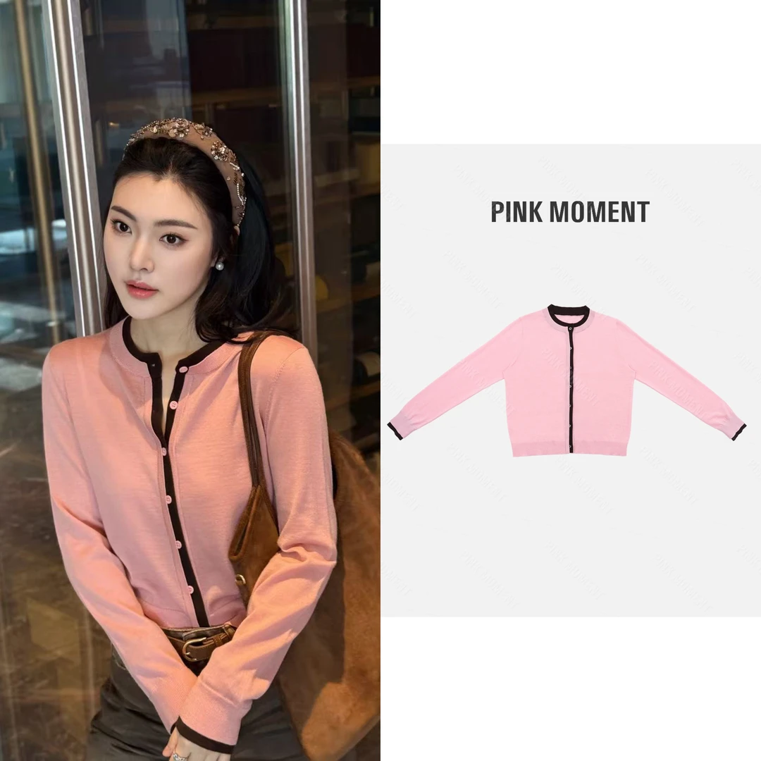 PM王囡囡 粉色绵羊毛撞色拼接设计感法式别致针织开衫 ND1C1259