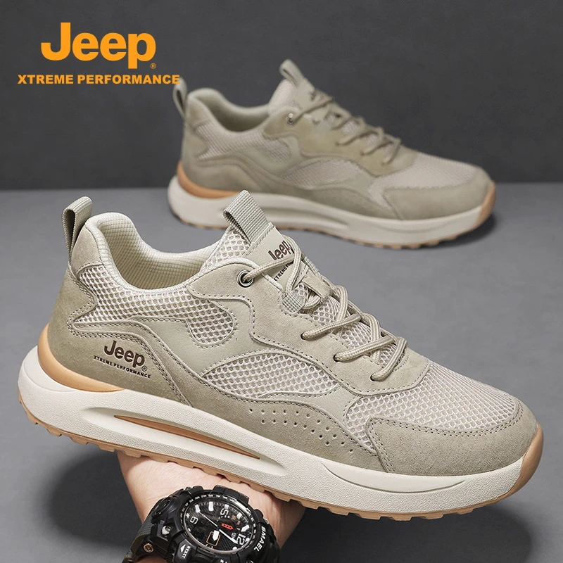 jeep吉普男鞋2025新款真皮鞋子厚底增高运动老爹鞋透气网面休闲鞋