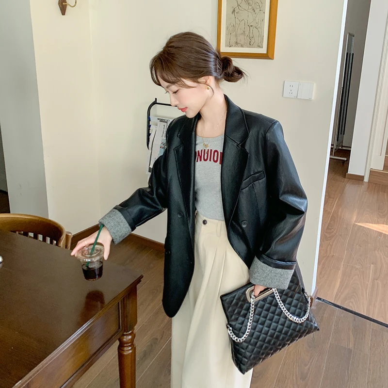 高级感黑色西装皮衣外套女2025年春季新款时尚小个子气质百搭西服