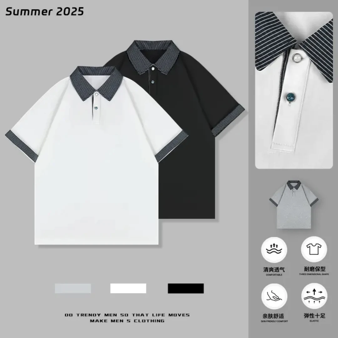 夏季上新POLO衫半袖男撞色拼接条纹翻领简约时尚美式复古短袖上衣