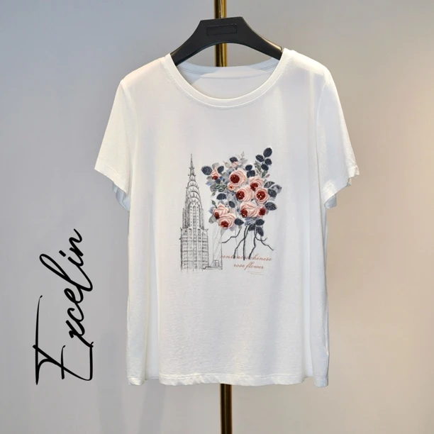 【白色立体刺绣花短袖】夏季薄款时髦显瘦减龄烫钻短袖T恤女式上衣