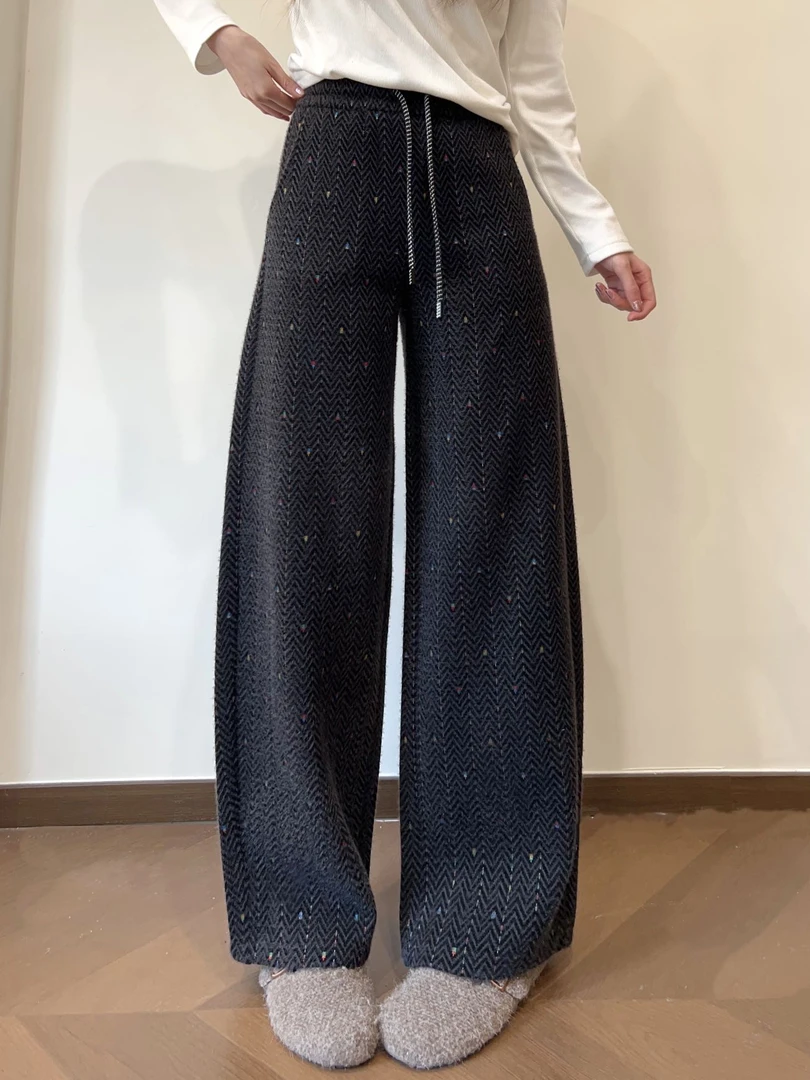 [彩色爱心刺绣阔腿裤]冬季弯刀高腰休闲裤秋季拖地长裤休闲显瘦