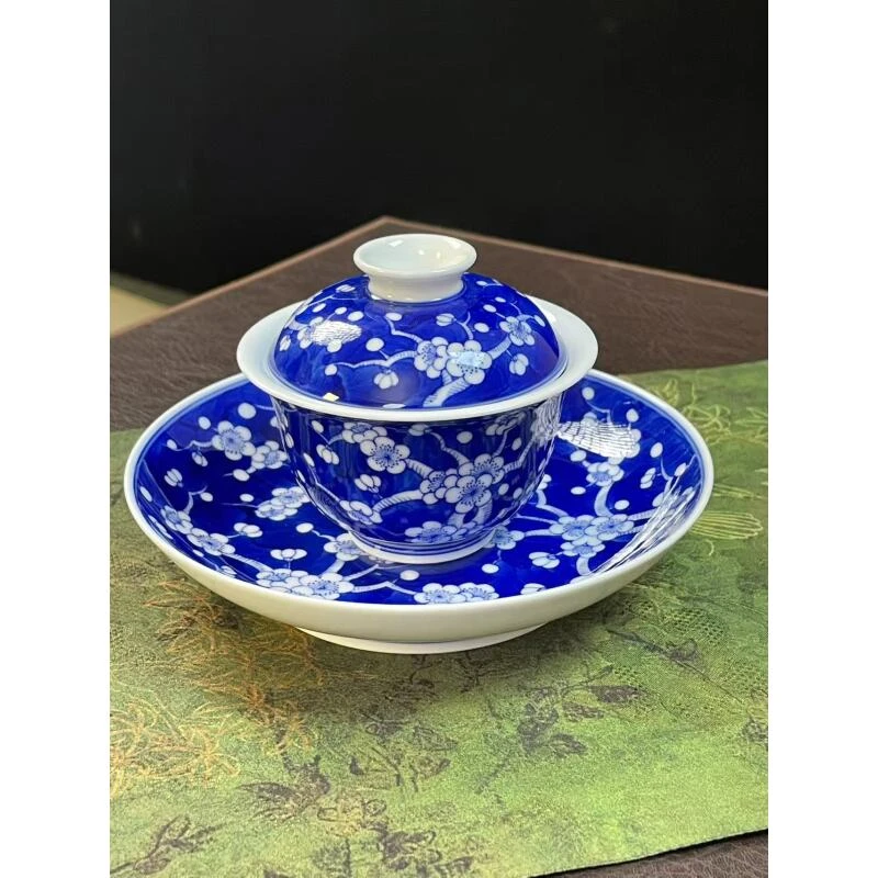 景德镇釉下彩青花手绘陶瓷三才盖碗冰楷