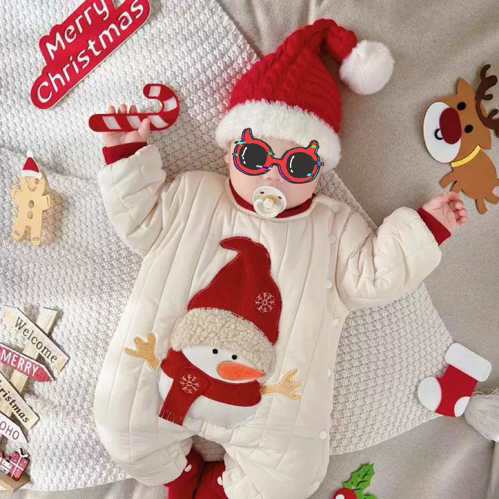 领结小狗婴儿连体衣秋冬夹棉加厚款可爱宝宝哈衣外穿新生儿爬爬服