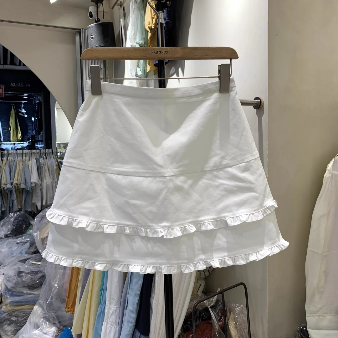 【现货】2025年夏季新款高腰收腰A字版木耳边拼接韩系半身裙短裙女