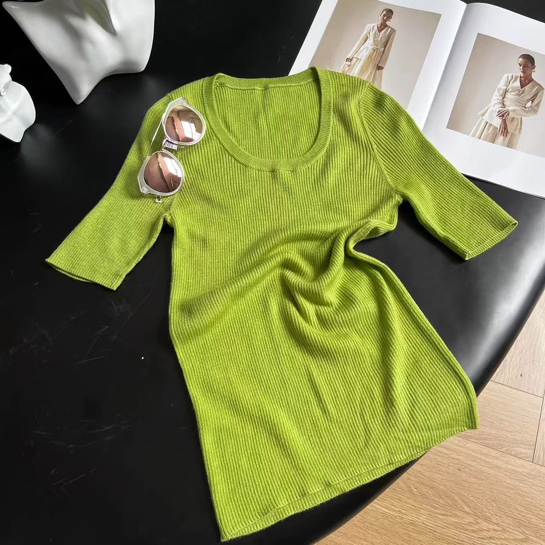 夏季大U领修身显瘦气质百搭五分袖针织上衣H5470