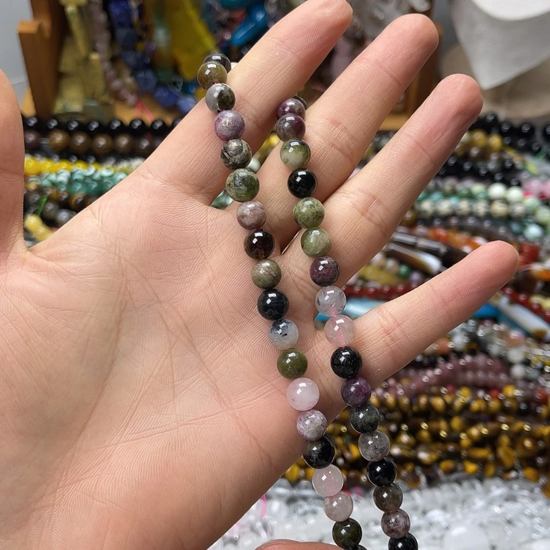 玛瑙/玉髓未镶嵌珠宝半成品卡8彩碧玺圆珠一条