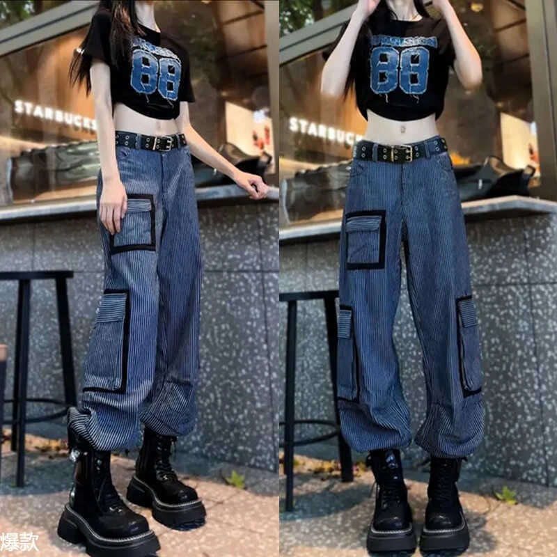 潮牌时尚多口袋撞色牛仔休闲裤女夏季宽松显瘦细条纹阔腿工装长裤