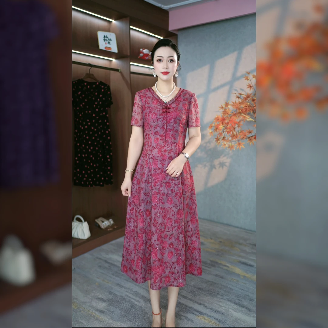 2025年夏季新款拉链轻熟风A字裙印花连衣裙修身中长款富婆风