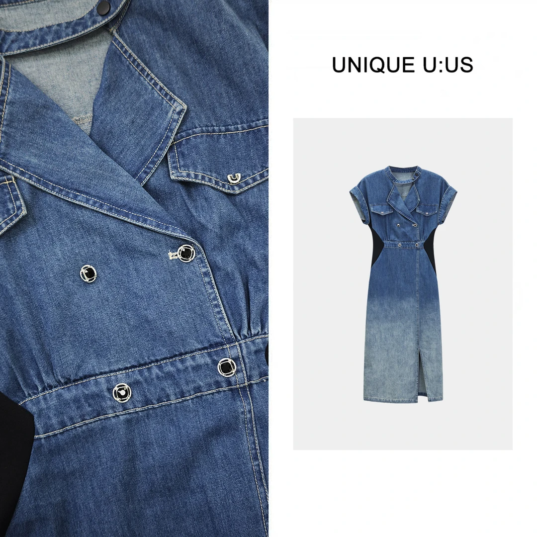 UNIQUE U:US  罗马画报牛仔拼色假两件显瘦女装连衣裙-250522