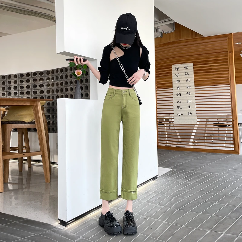 2025夏新款抹茶绿直筒九分裤显瘦透气休闲裤时尚百搭烟管裤9290