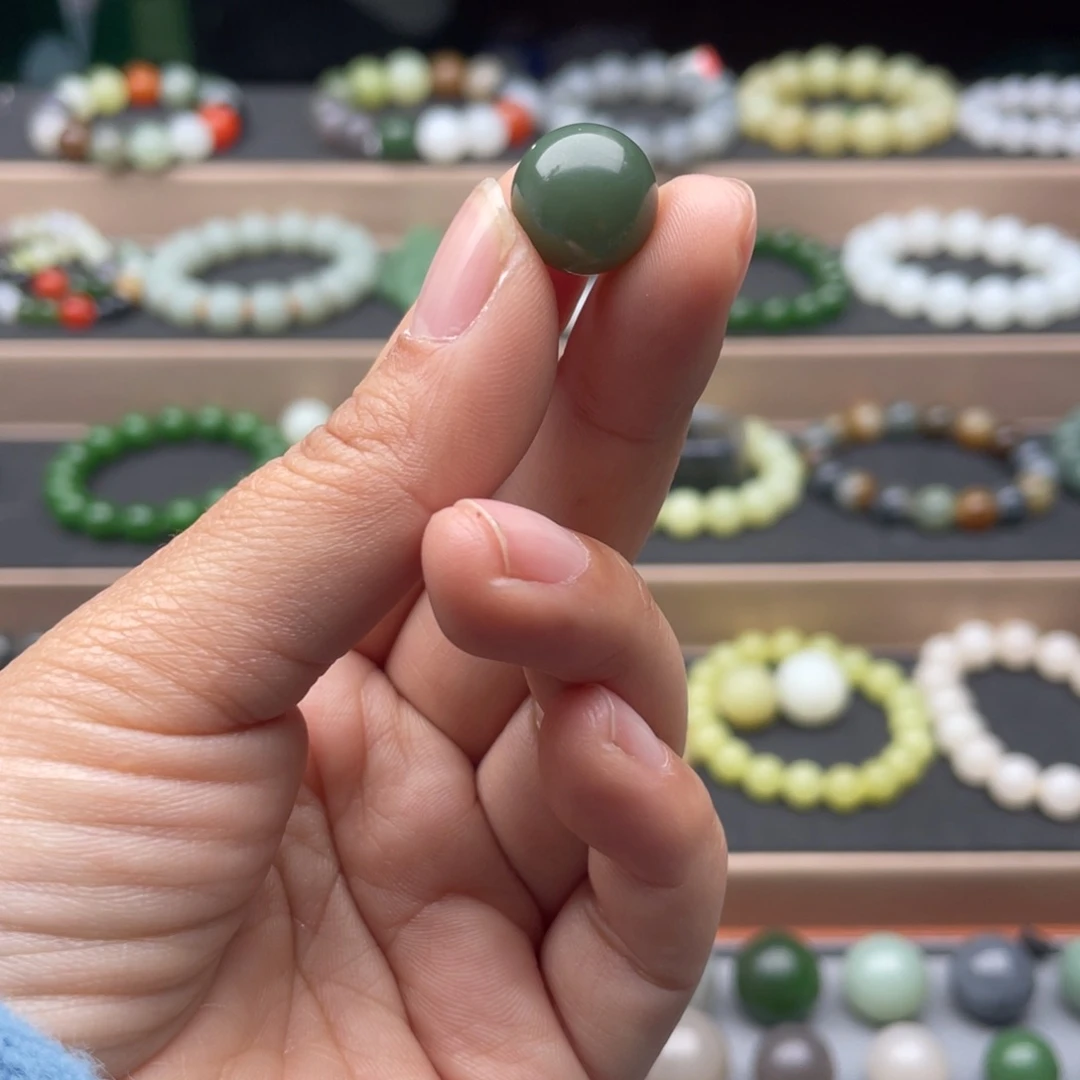 和田玉（碧玉）单珠13未镶嵌粉绿