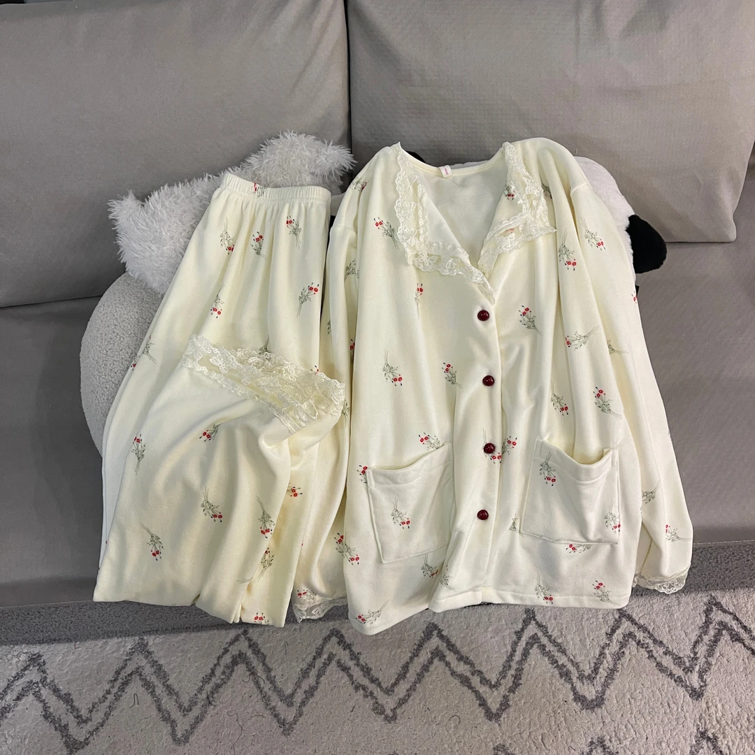 睡衣女秋冬季超柔软海岛绒大码加厚保暖珊瑚绒杏黄小花套装家居服