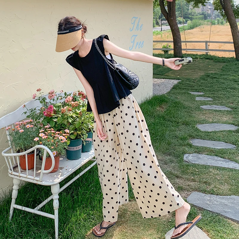 韩版时尚减龄套装女夏季波点宽松阔腿裤遮肉显瘦小飞袖上衣两件套