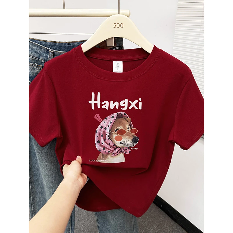 狗狗印花大码圆领短袖T恤女夏装2025新款今年流行时尚正肩上衣潮