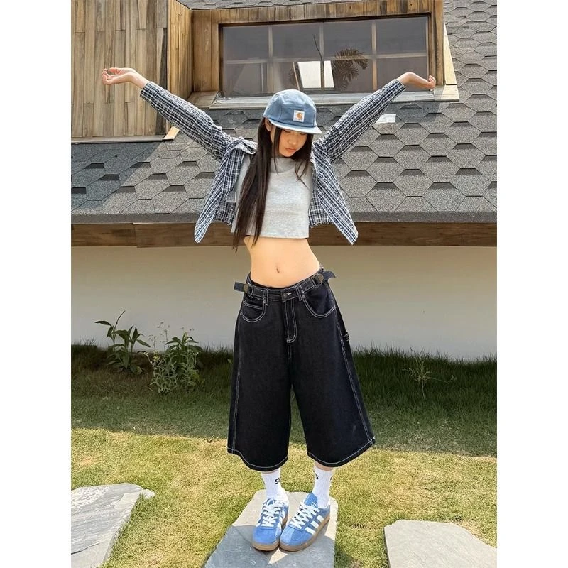 美式复古丹宁蓝色阔腿牛仔裤男女夏季新款宽松阔腿裤高级感七分裤