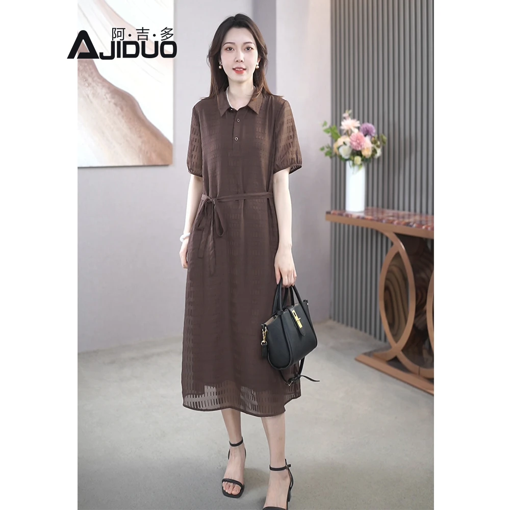 阿吉多A21671翻领夏季新款系带连衣裙女复古减龄大码宽松显瘦裙子