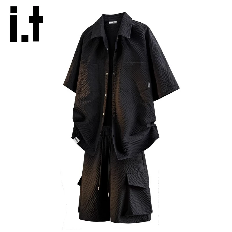 美式工装休闲套装男2025夏季爆款运动宽松舒适冰丝两件套装Y