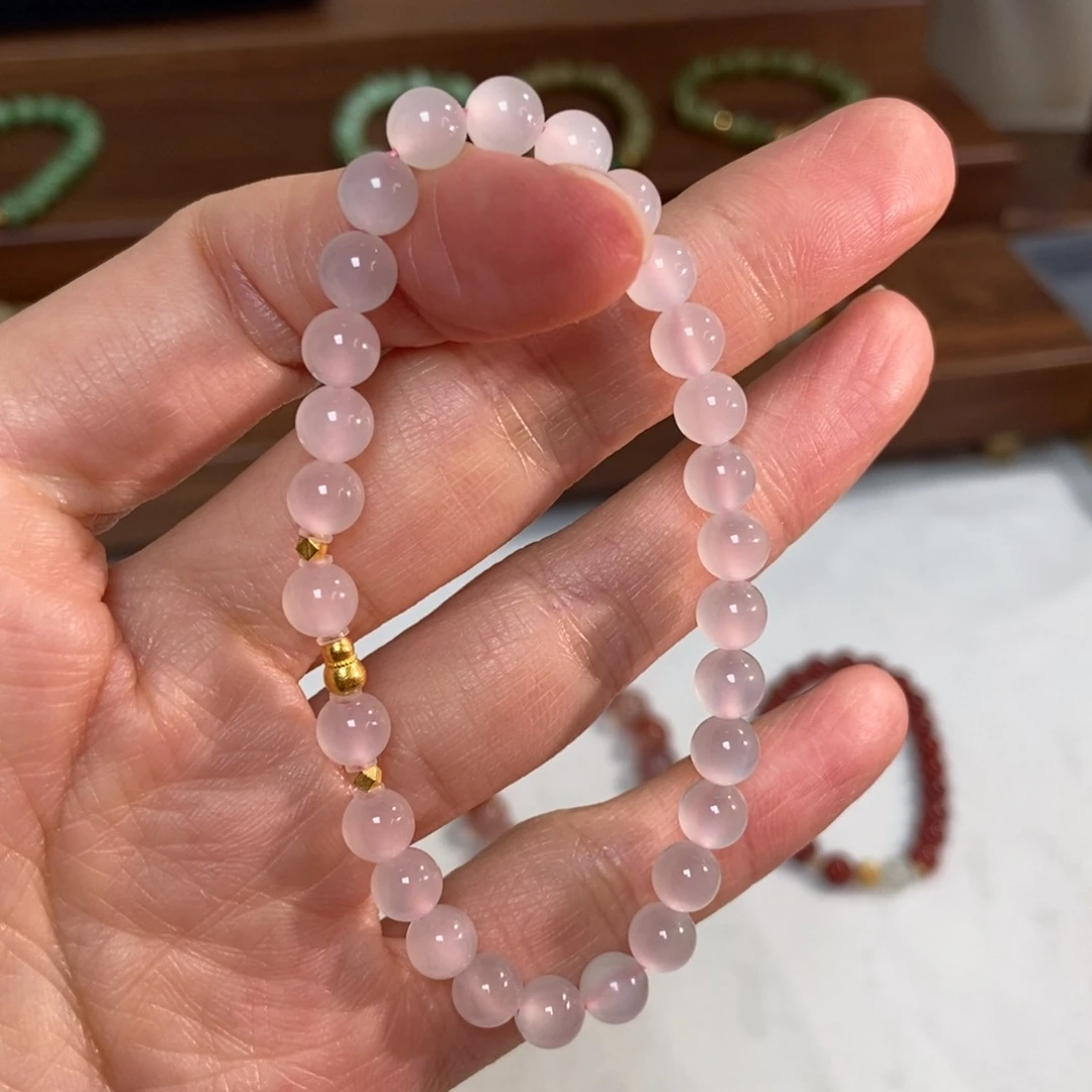 和田玉18K金镶嵌手链5.8mm高冰藕粉猫