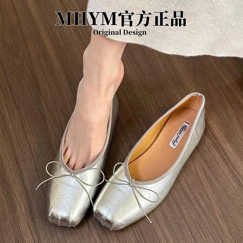 银色软皮浅口单鞋女平底鞋2025春夏新款蝴蝶结小银鞋