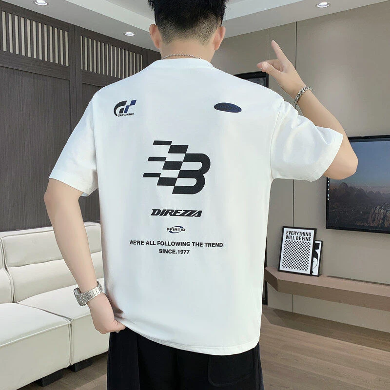 2025春夏季男士休闲圆领印花宽松大码情侣潮流运动短袖812T恤