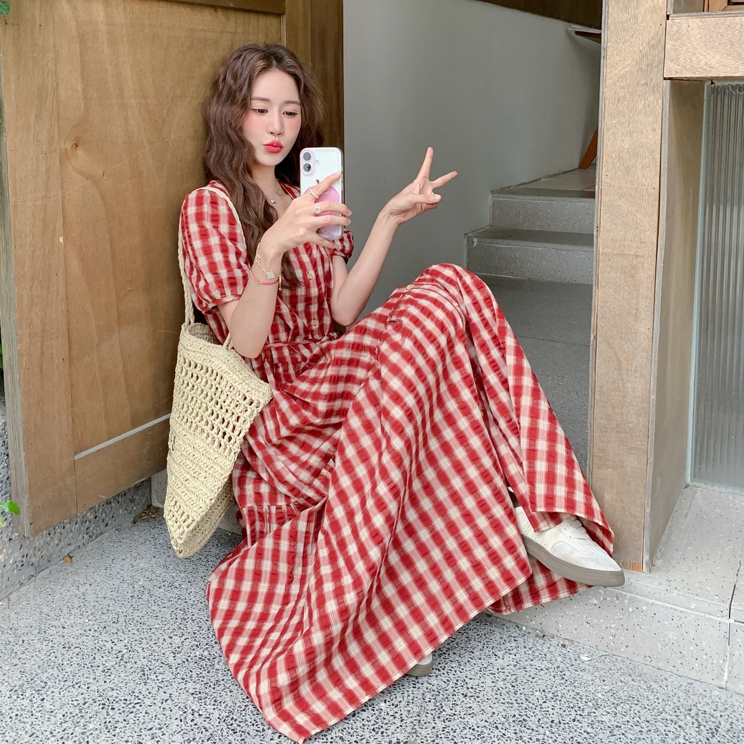 196现货  格子连衣裙女裙子 1066新款