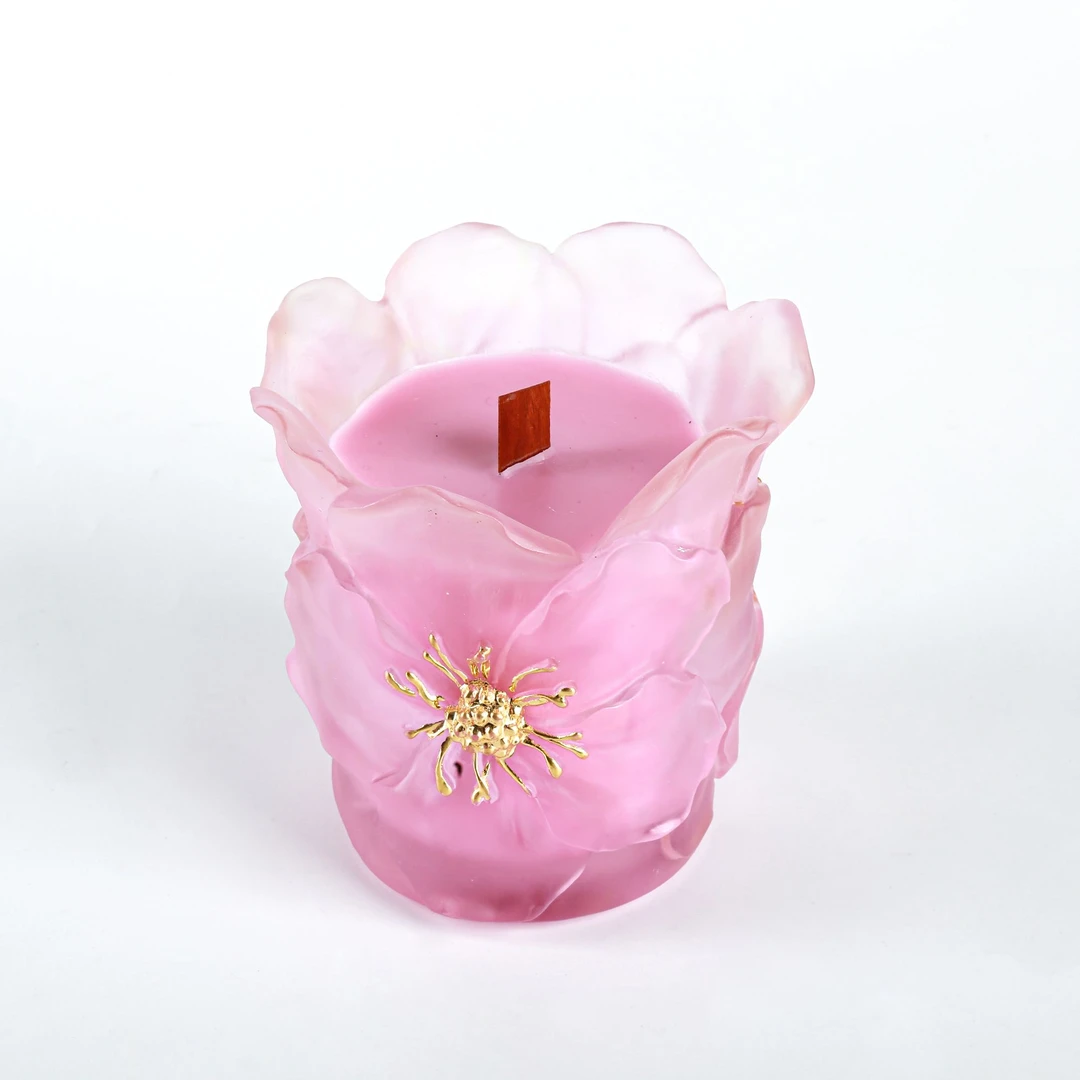 牡丹花琉璃烛台摆件苏大师款手工粉色创意轻奢桌面玄关书房摆设