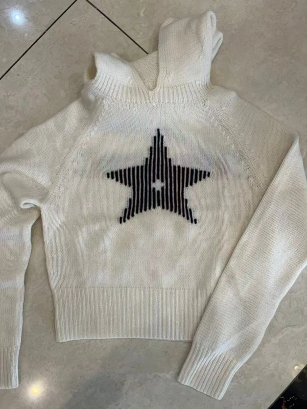 New Merry2025秋季拼接女毛针织衫V领高领白色衫短袖连帽圆领