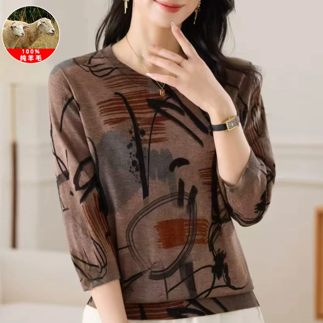 妈妈装印花薄款纯羊毛打底衫中老年2025早秋大码七分袖针织上衣女